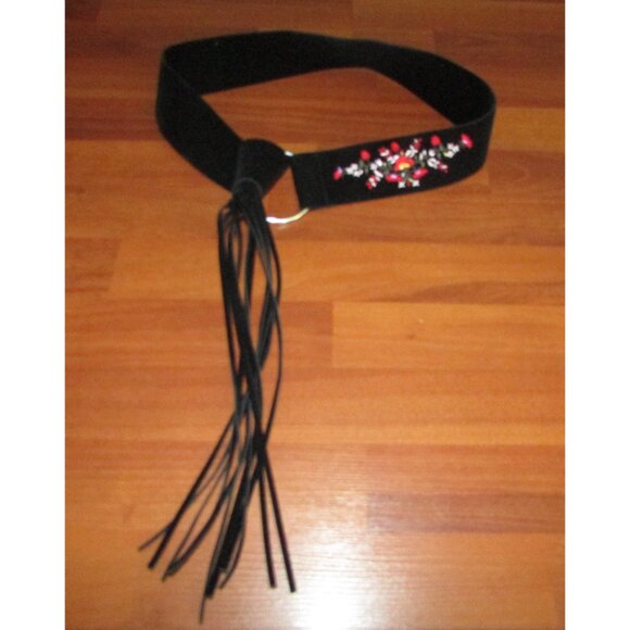 Black Faux Suede Embroidered Fringe Belt - Picture 1 of 8